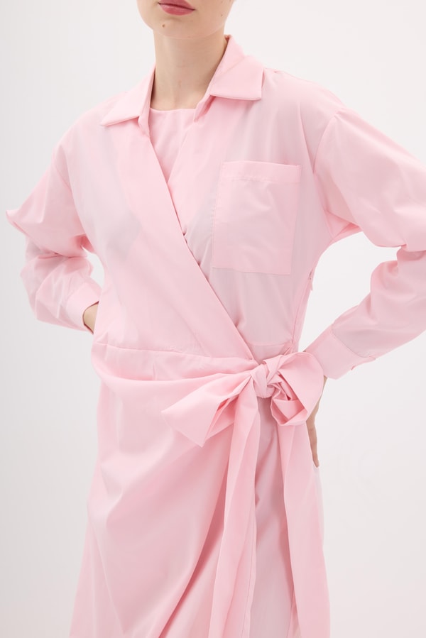Lai Belden Bağlamalı Poplin Elbise - Pembe