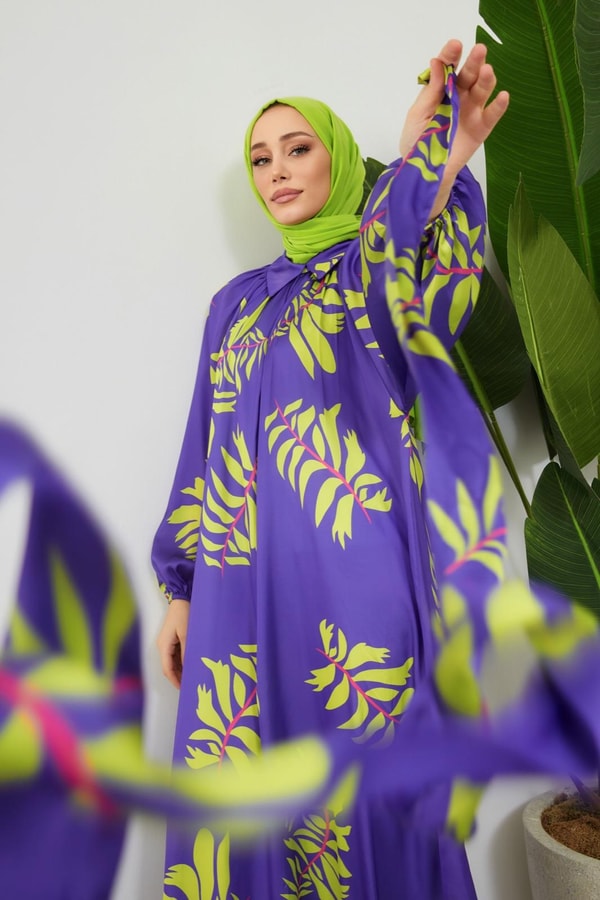 Laysa Desenli Saten Elbise - Mor