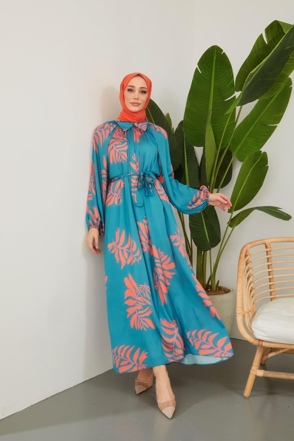 Laysa Desenli Saten Elbise - Petrol