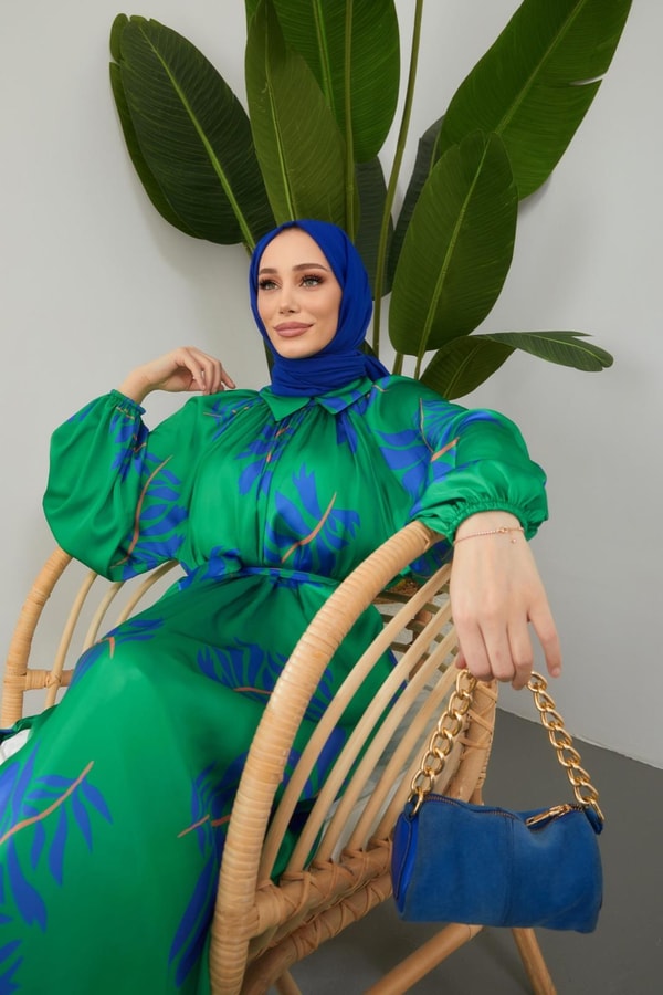Laysa Desenli Saten Elbise - Yeşil