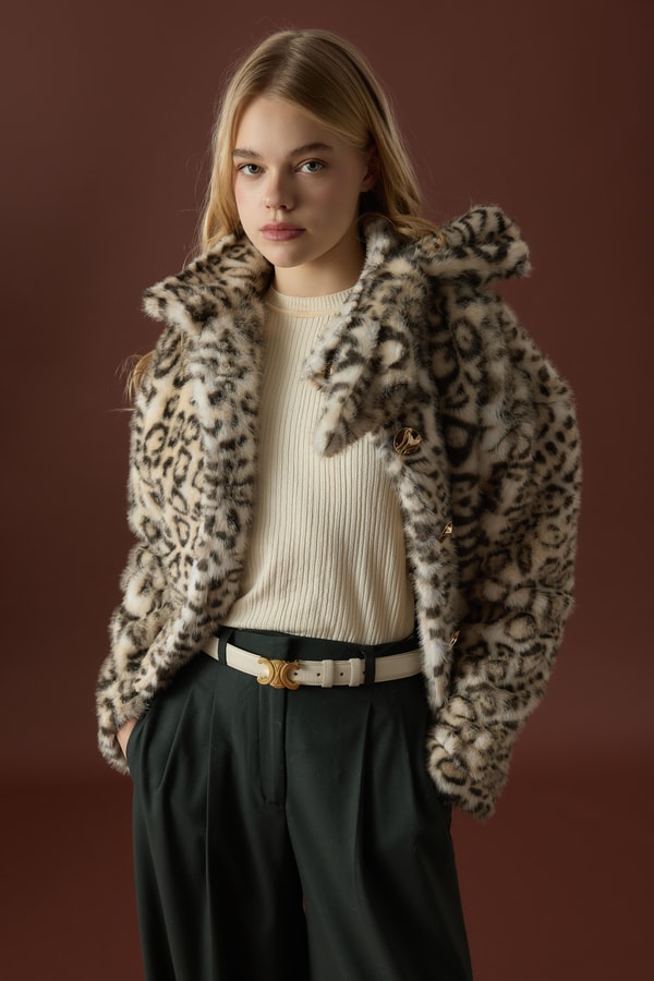 Leopar Yaka Fiyonklu Kürk - Ekru