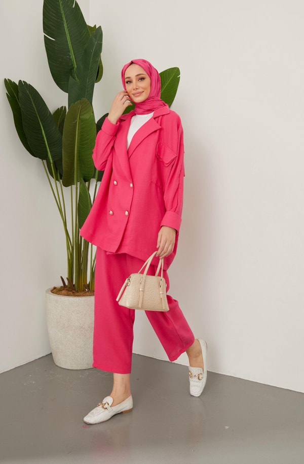 Lisa Oversize Keten Ceket Takım - Fuşya