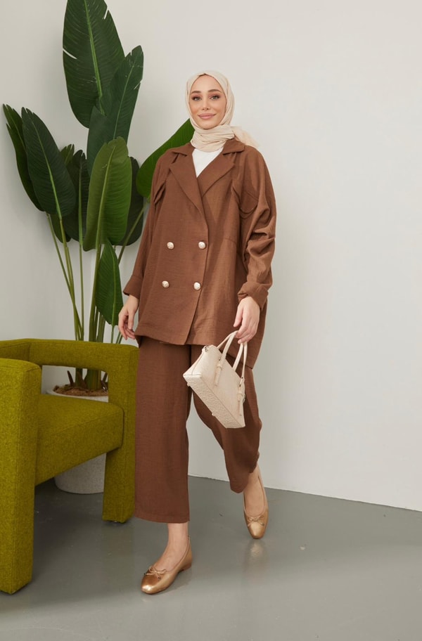Lisa Oversize Keten Ceket Takım - Kahve