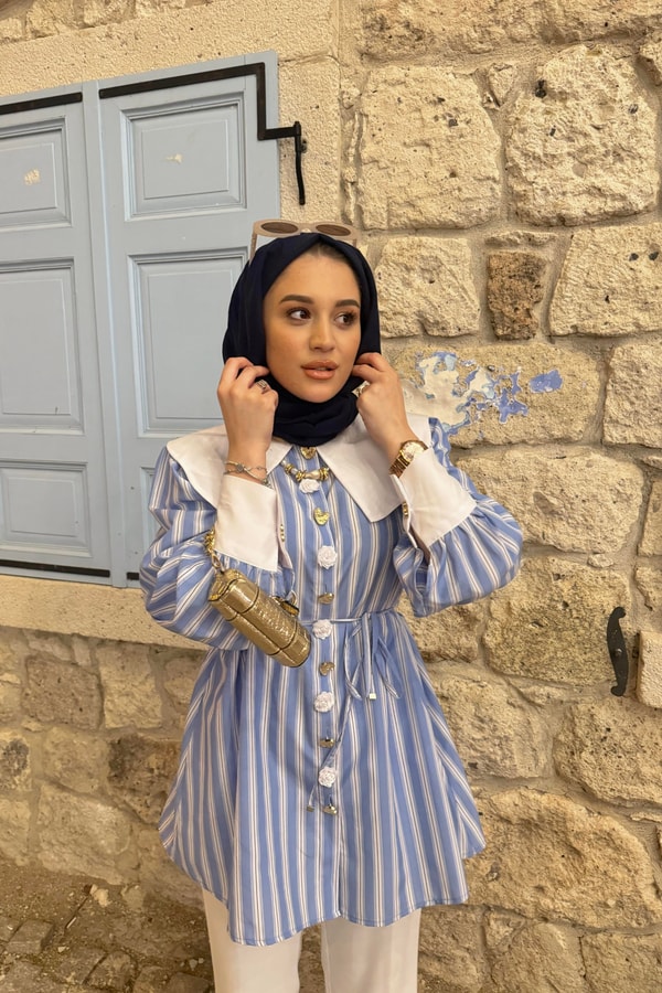 Liza Yaka Detayl Çizgikiı Poplin Gömlek - Çizgili Mavi