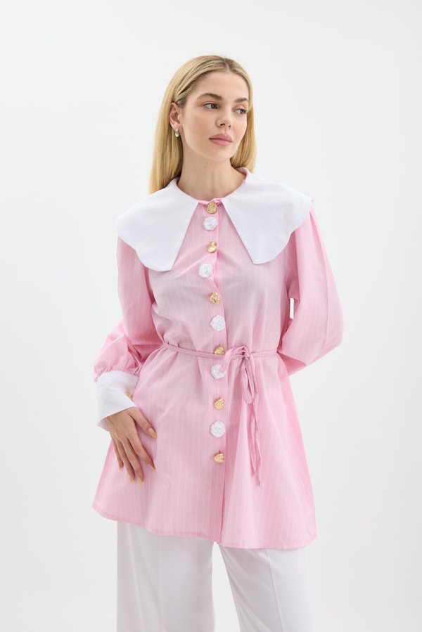 Liza Yaka Detaylı Çizgili Poplin Gömlek - Pembe