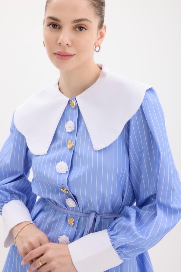 Liza Yaka Detaylı Çizgili Poplin Gömlek - Mavi