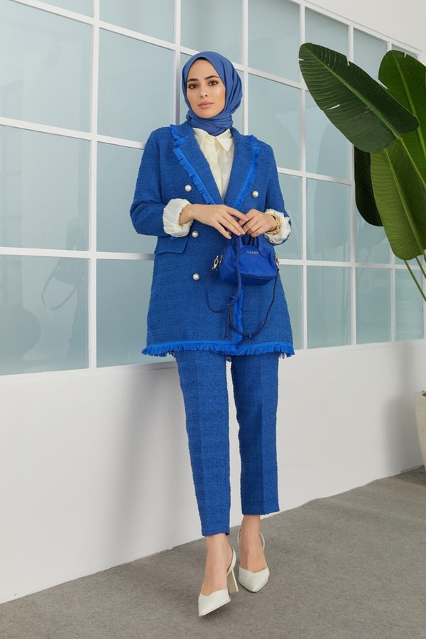 Loretta Tüvit Ceket Takım - saks mavisi