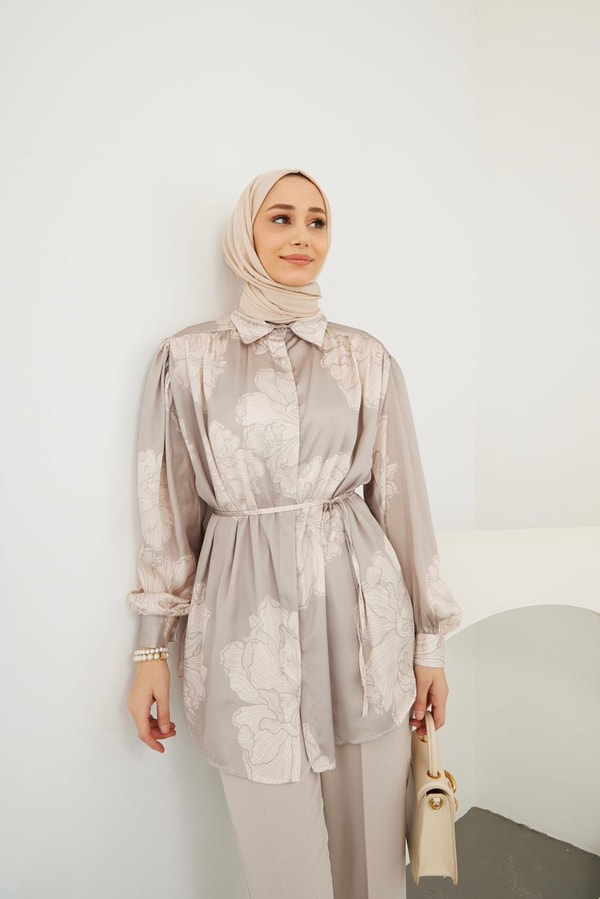 Lotus Saten Desenli Gömlek - Bej