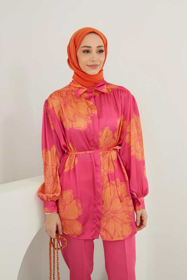 Lotus Saten Desenli Gömlek - Fuşya