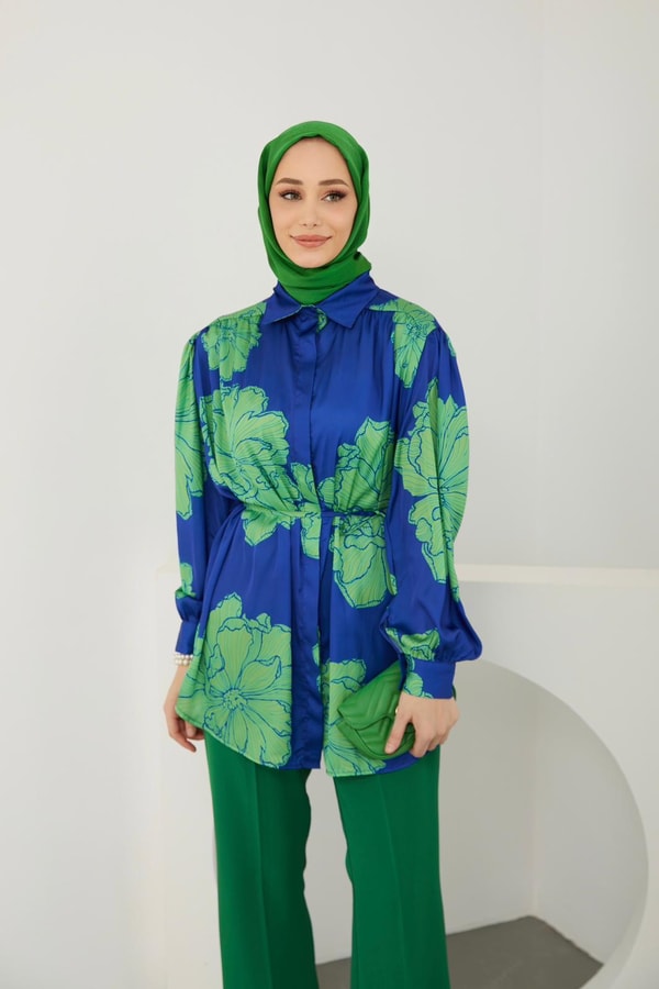 Lotus Saten Desenli Gömlek - saks mavisi