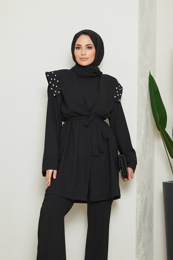 Lova Omuz Detaylı Taşlı Krep Takım - Siyah
