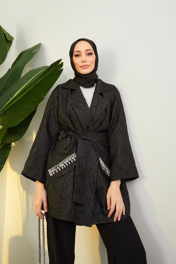 Luiza Taş Detaylı Jakar Ceket - Siyah