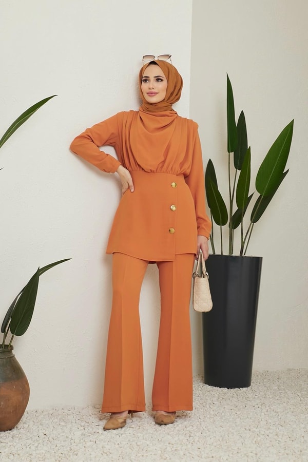 Martina Degaje Yaka Düğmeli Krep Takım - Oranj
