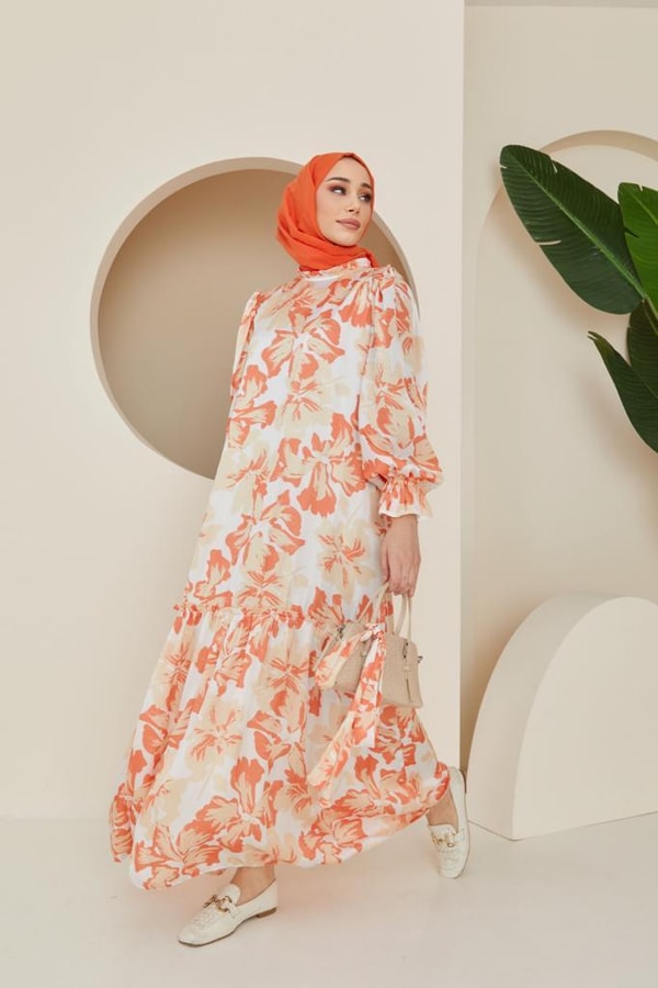 Mila Desenli Saten Elbise - Oranj