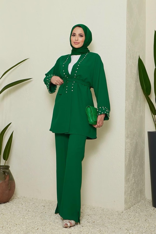 Monica İnci Detaylı Krep Takım - Zümrüt
