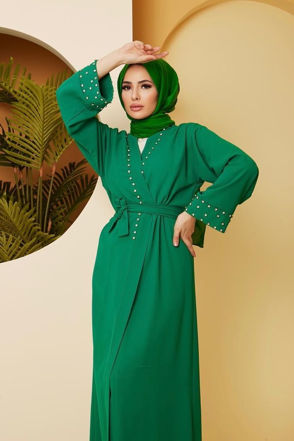 Monica Taş Detaylı Abaya - Yeşil