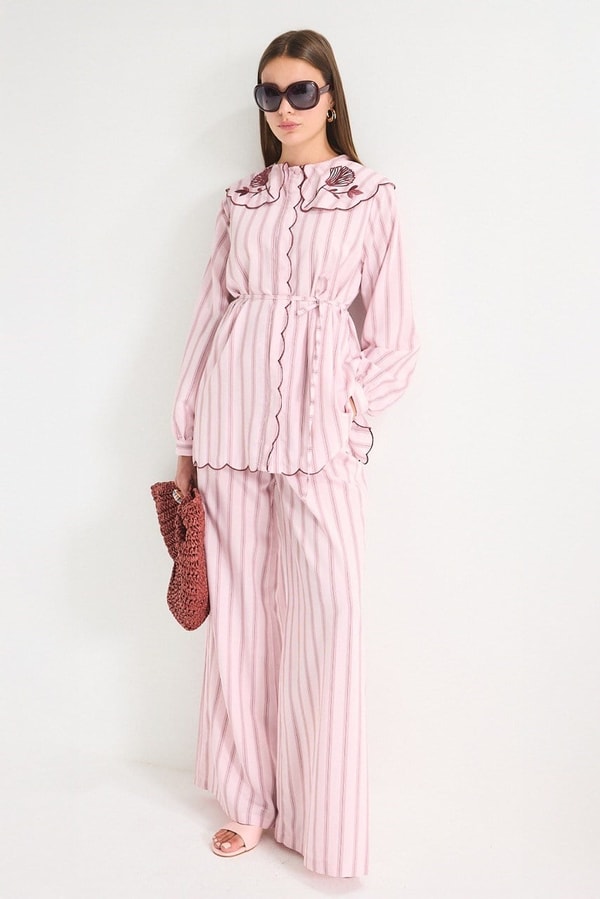 Nakış Detaylı Çizgili Poplin Gömlek - Pembe