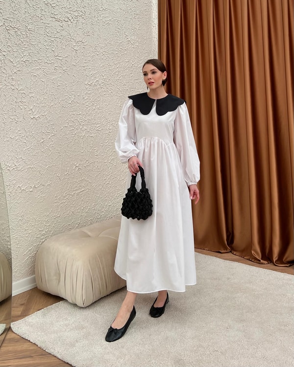 Neor Yakalı Poplin Elbise - Beyaz