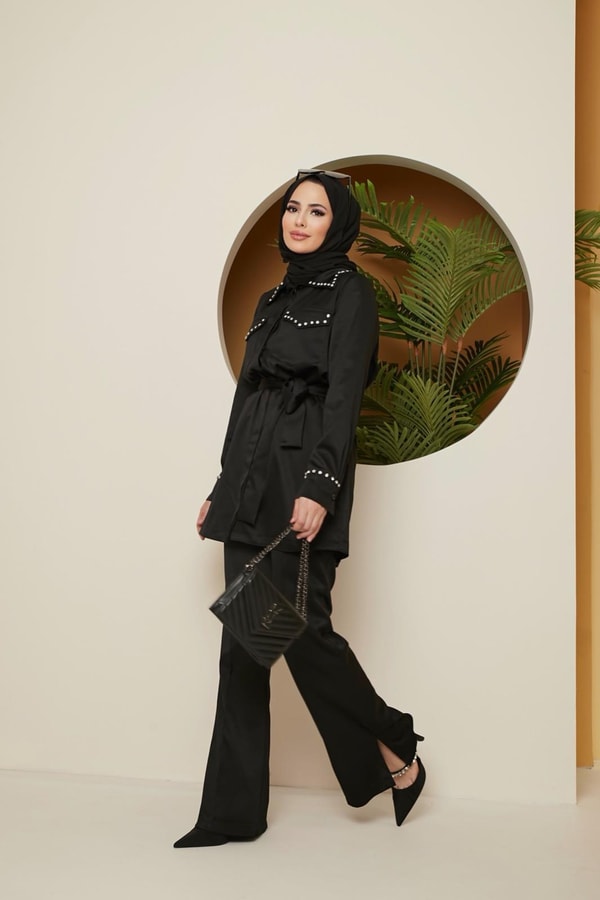 Nessa Saten Taşlı Takım - Siyah