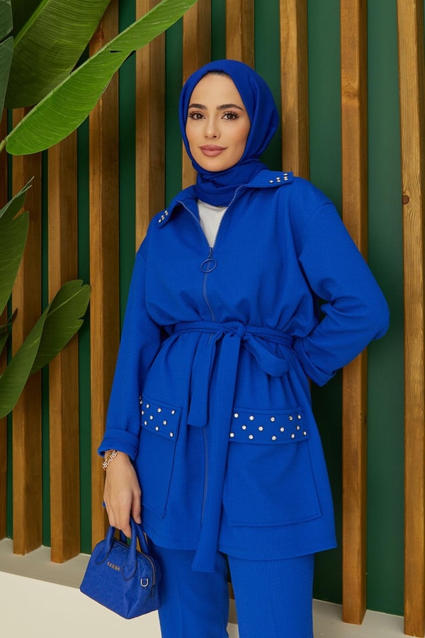 Nolia Fermuarlı Taş Detaylı Spor Takım - saks mavisi