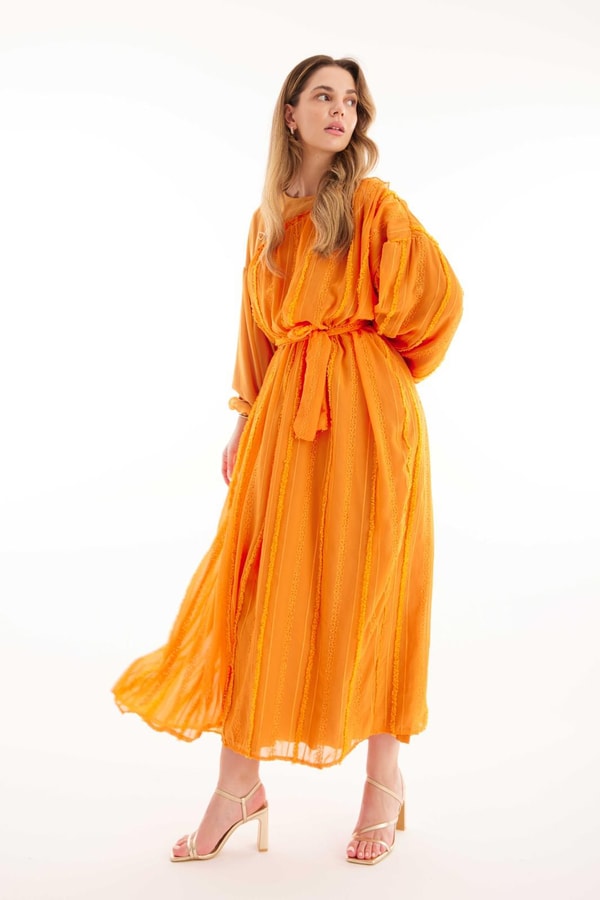 Nucke Şifon Detaylı Elbise - Orange