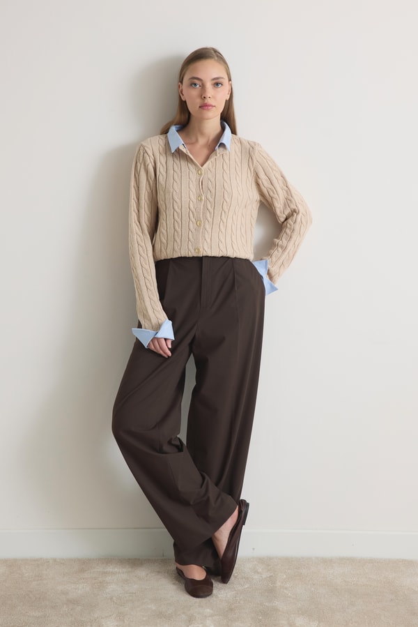 Olivia Gömlek Yaka Örgülü Triko Hırka - Camel