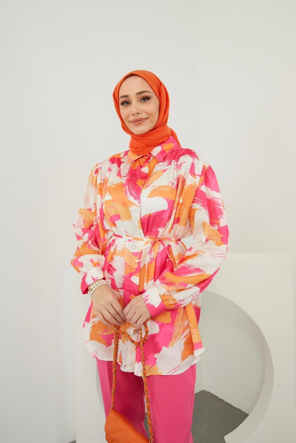 Pastel Saten Desenli Gömlek - Fuşya