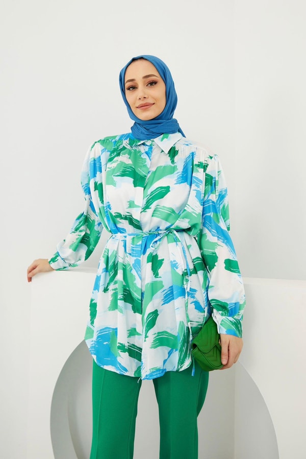 Pastel Saten Desenli Gömlek - Mavi