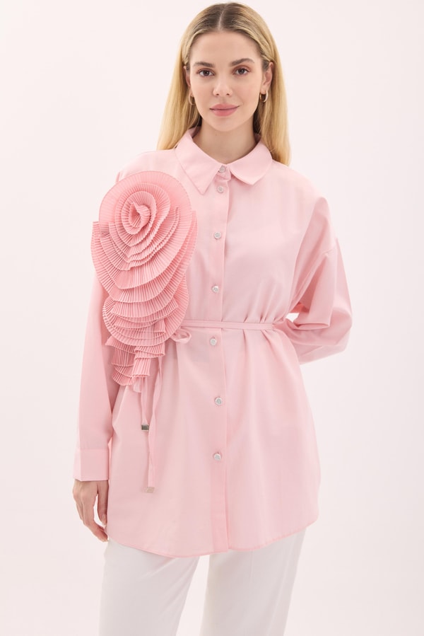 Pena Çiçek Aksesuarlı Poplin Gömlek - Pembe Pembe