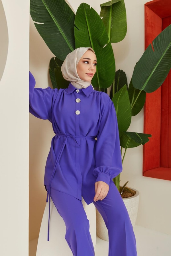 Perle Aksesuarlı Krep Takım - Lila