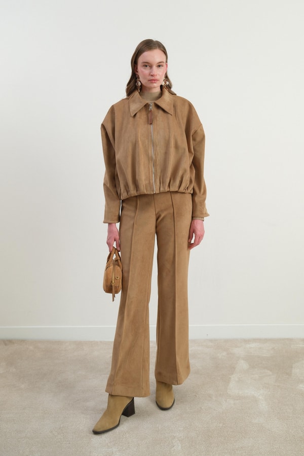 Pileli Süet Ceket - Camel