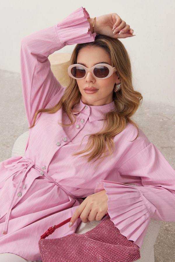 Piliseli Kol Detaylı Çizgili Gömlek - Pembe