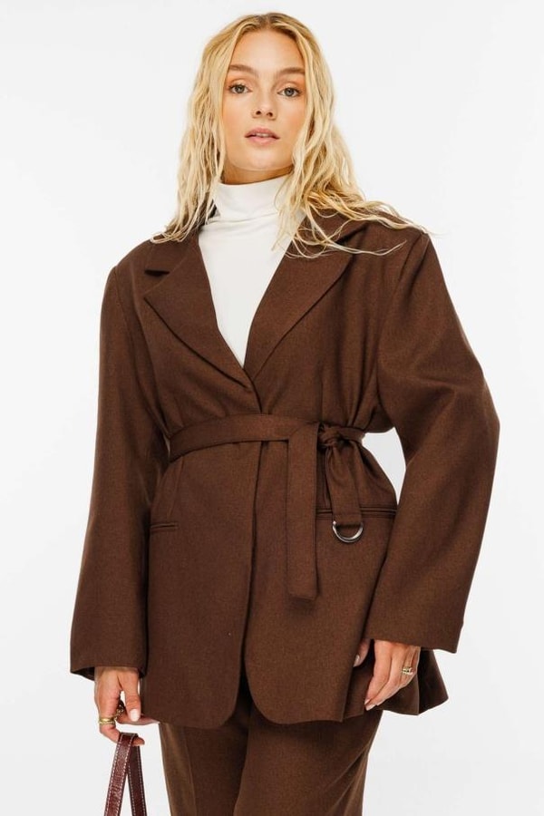 Premium Kemerli Blazer Ceket - Kahve
