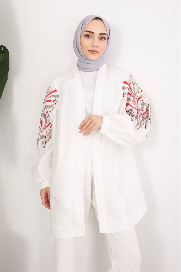 Pul İşlemeli Oversize Keten Kimono - Beyaz