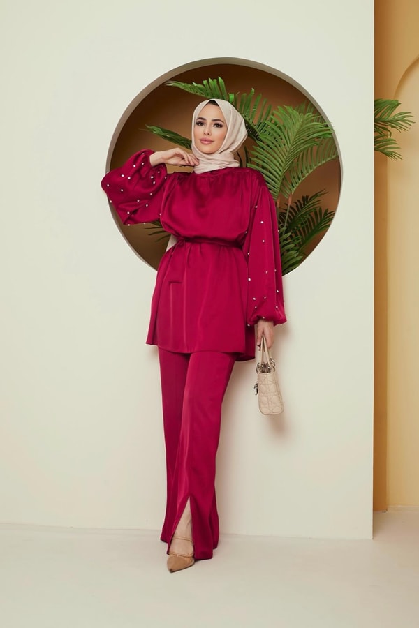 Rebeca Taşlı Saten Takım - Bordo