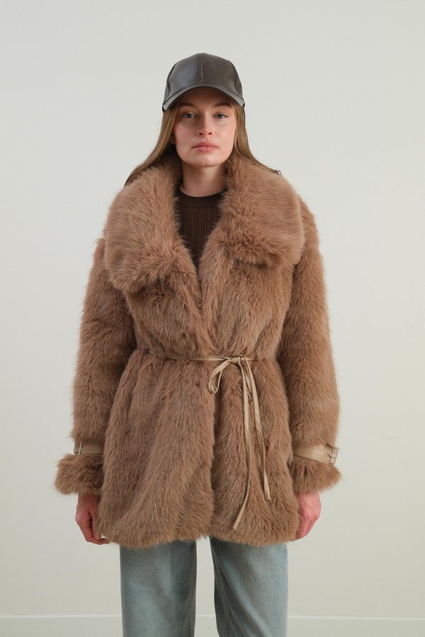 Sandyna Kol Kemerli Premium Kürk - Camel