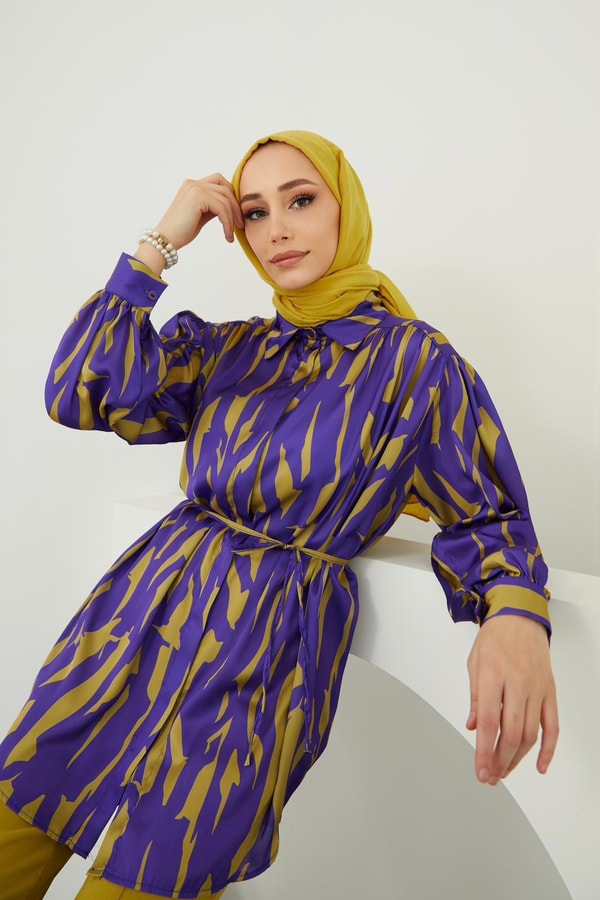Sara Saten Desenli Gömlek - Mor