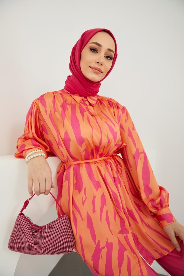 Sara Saten Desenli Gömlek - Oranj
