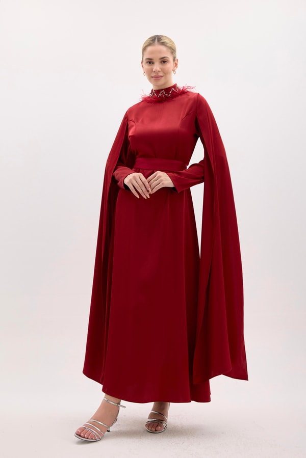 Selena Tüy Detaylı Taşlı Abiye - Bordo