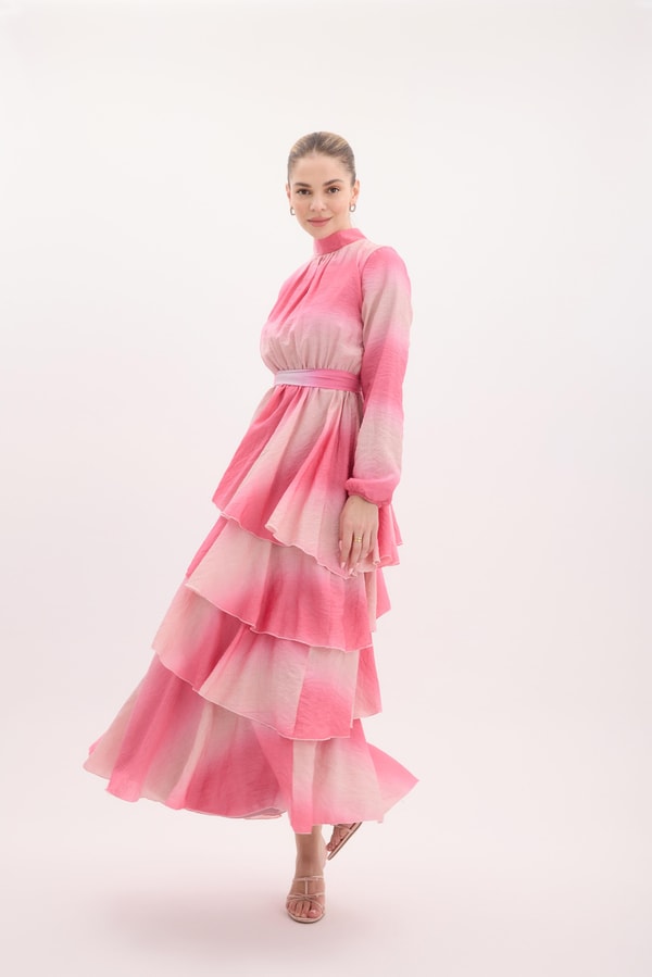 Semi Batik Desenli Şifon Elbise - Pembe