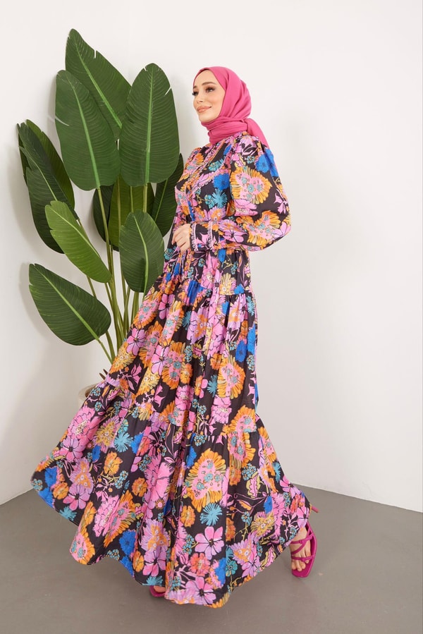 Şerit Detaylı Desenli  Elbise - Pembe