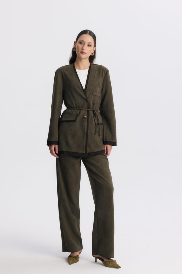 Şeritli Detaylı Blazer Ceket Takım - Haki