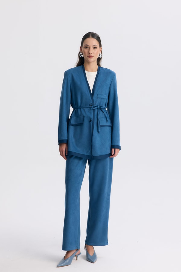 Şeritli Detaylı Blazer Ceket Takım - İndigo