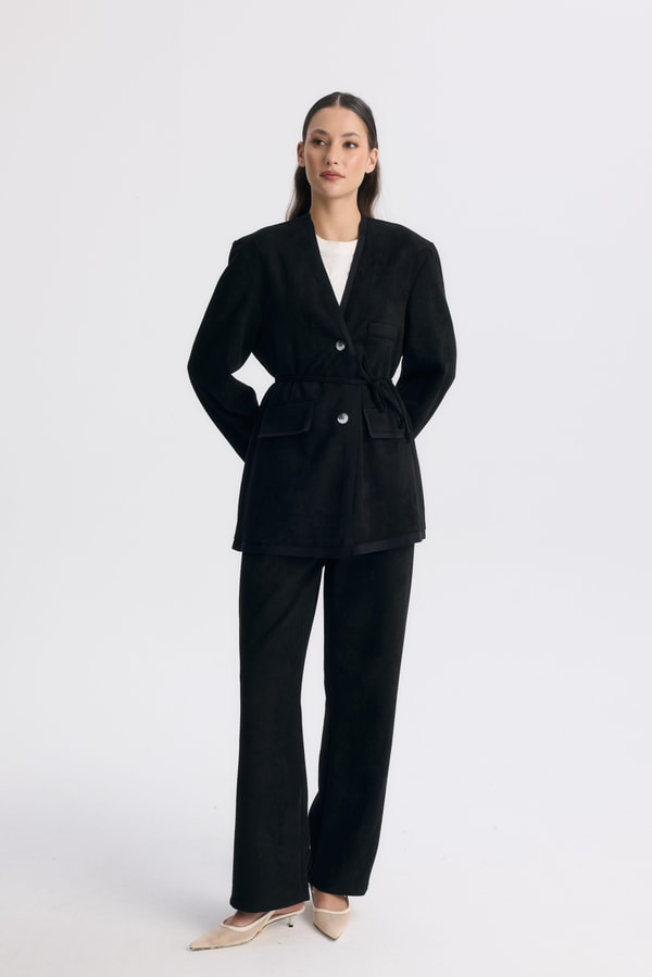 Şeritli Detaylı Blazer Ceket Takım - Siyah