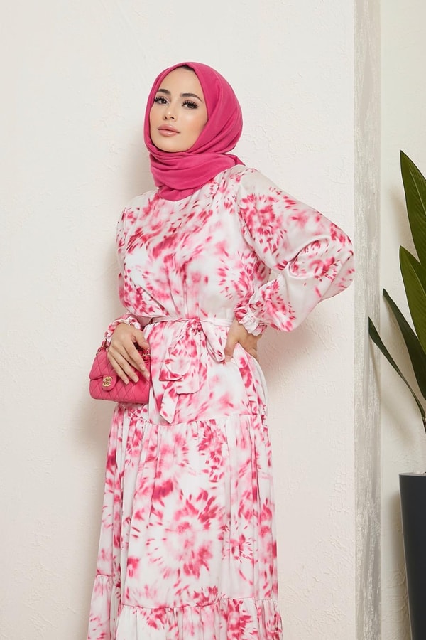 Sette Batik Desen Saten Elbise - Fuşya