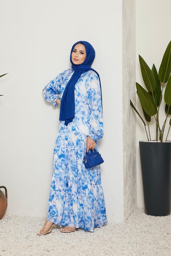 Sette Batik Desen Saten Elbise - Mavi