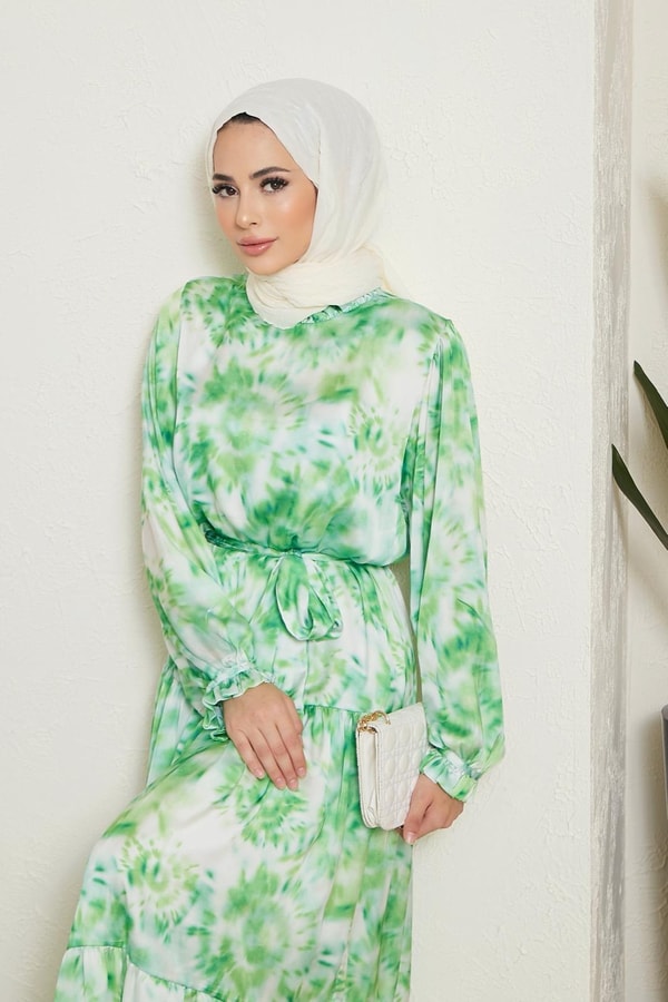 Sette Batik Desen Saten Elbise - Yeşil