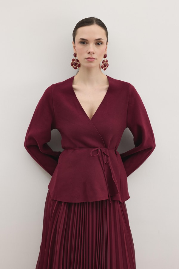 Shadow Peplum Triko Hırka - Vişne