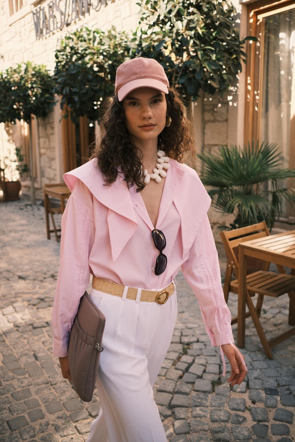 Stella Yaka Detaylı Çizgili Gömlek - Pembe