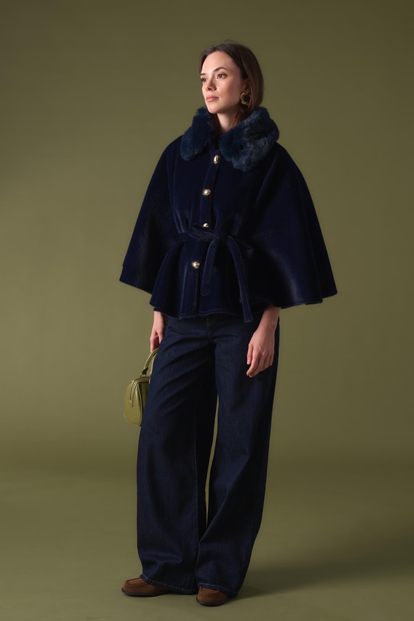 Suzana Yaka Kürklü Goldfox Kimono - Lacivert